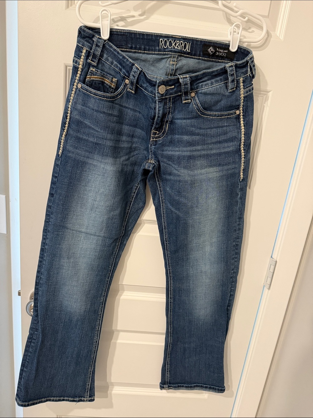 ROCK & ROLL COWGIRL RIDING JEAN Dark DENIM Blue Women Jeans SIDE DETAIL 30 x 32